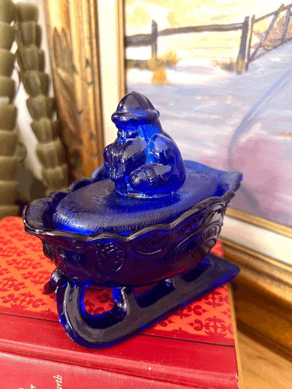 Vintage Westmoreland Cobalt Blue Glass Santa Sleigh Covered Candy Dish – Christm